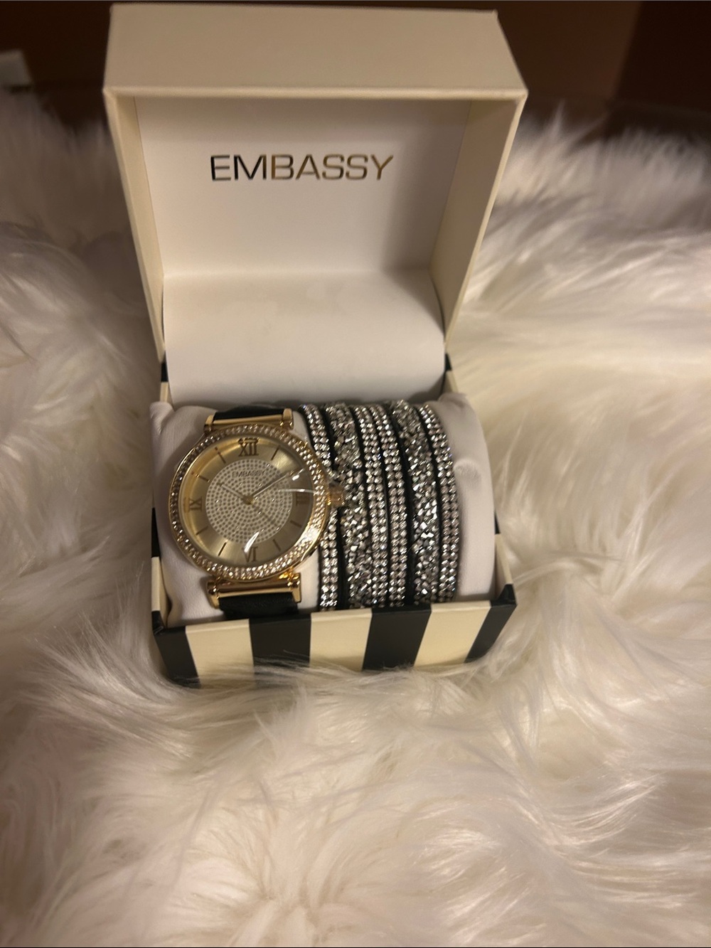 Bass Gold-Tone Women's Watch with Black Strap and Crystal Wrap Bracelet